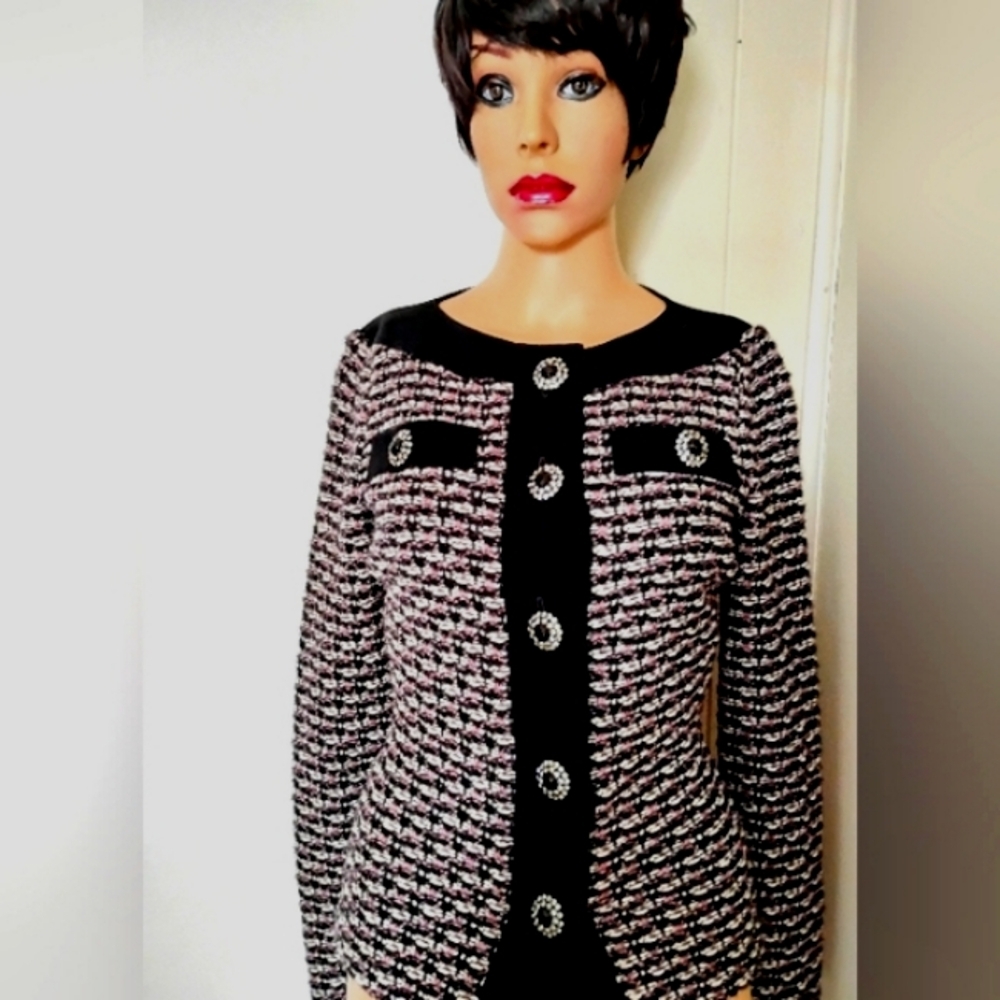 ST JOHN 2-6 BLACK PURPLE TWEED BOUCLE BLACK EYELASH METALLIC KNIT CRYSTAL JACKET - Picture 2 of 16